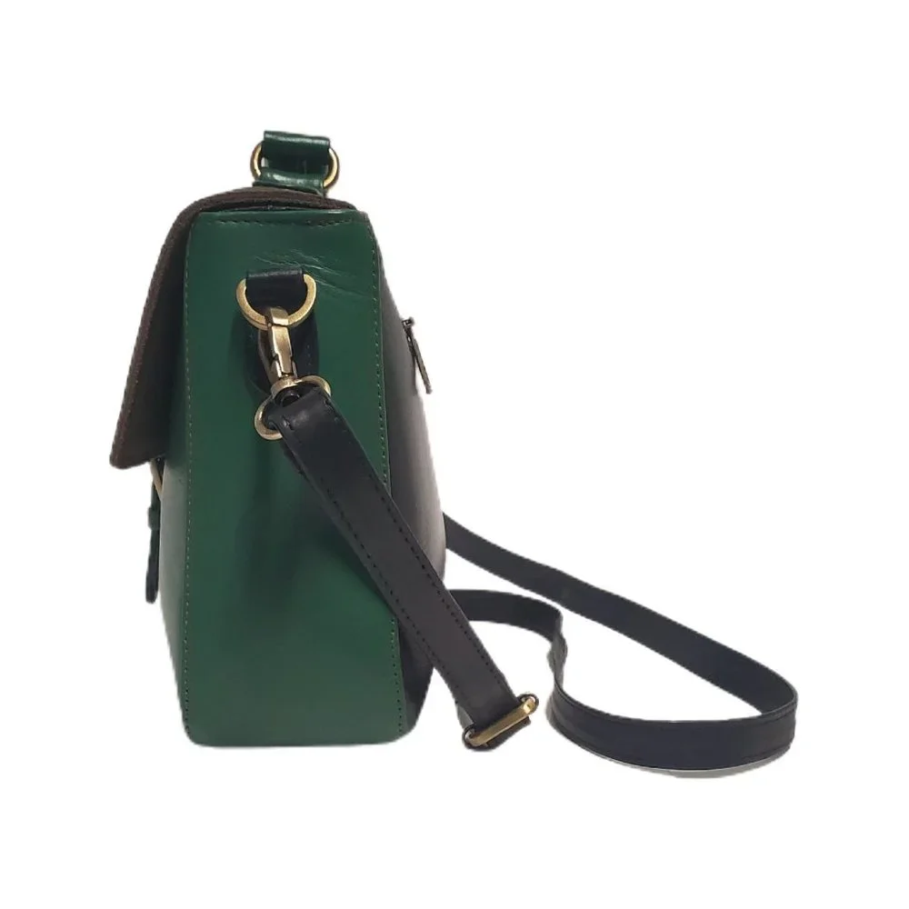 AuGre France Crossbody Bag Green & Black Leather Top Handle 2 Section Satchel - Picture 8 of 14